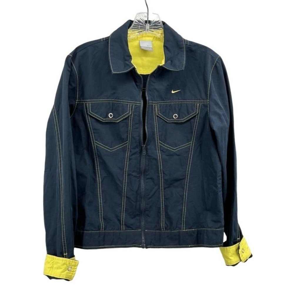 Nike Womens Jacket S Med Navy Blue w/Neon Yellow Cuffs (opt)  "Jean" Style Zip